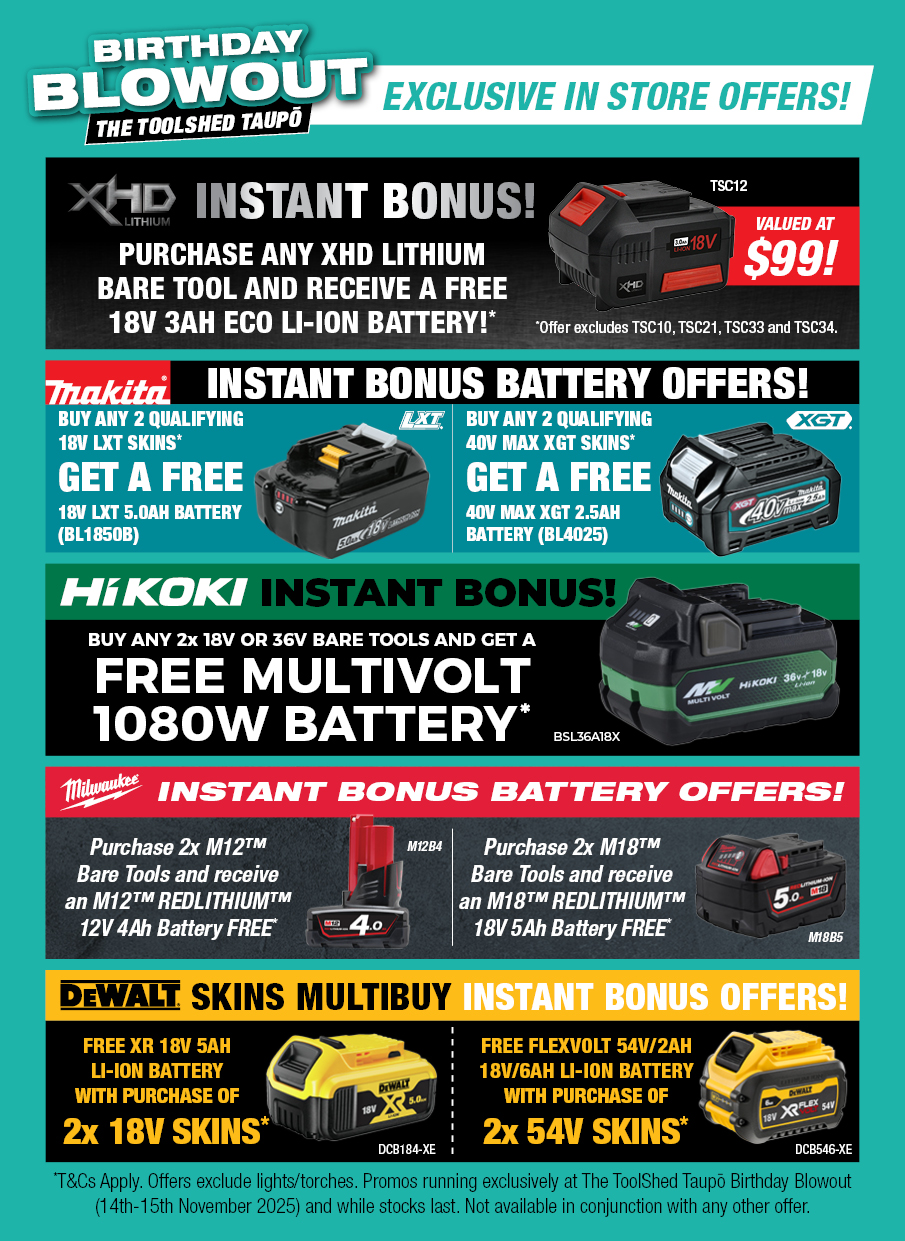 ToolShed Taupo Birthday Blowout Bonus Battery Offers
